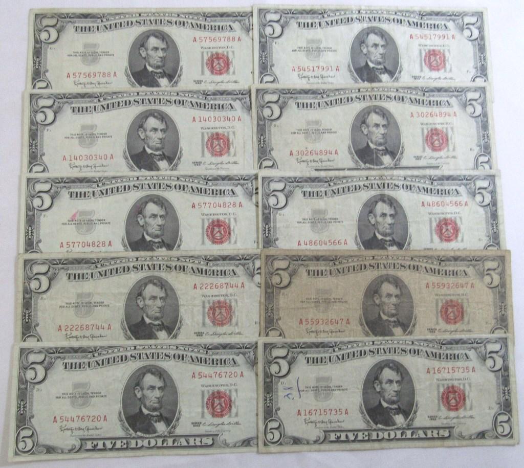 (10) 1963 $5 RED SEAL UNITED STATES NOTE (1 of 2)