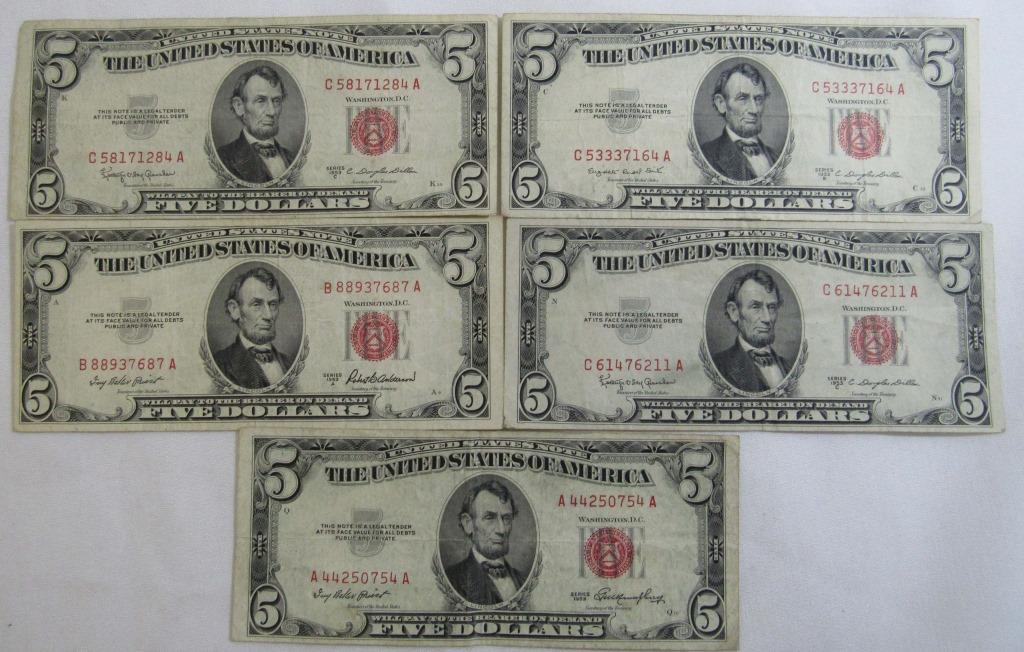 (5) 1953 $5 RED SEAL UNITED STATES NOTE (1 of 2)