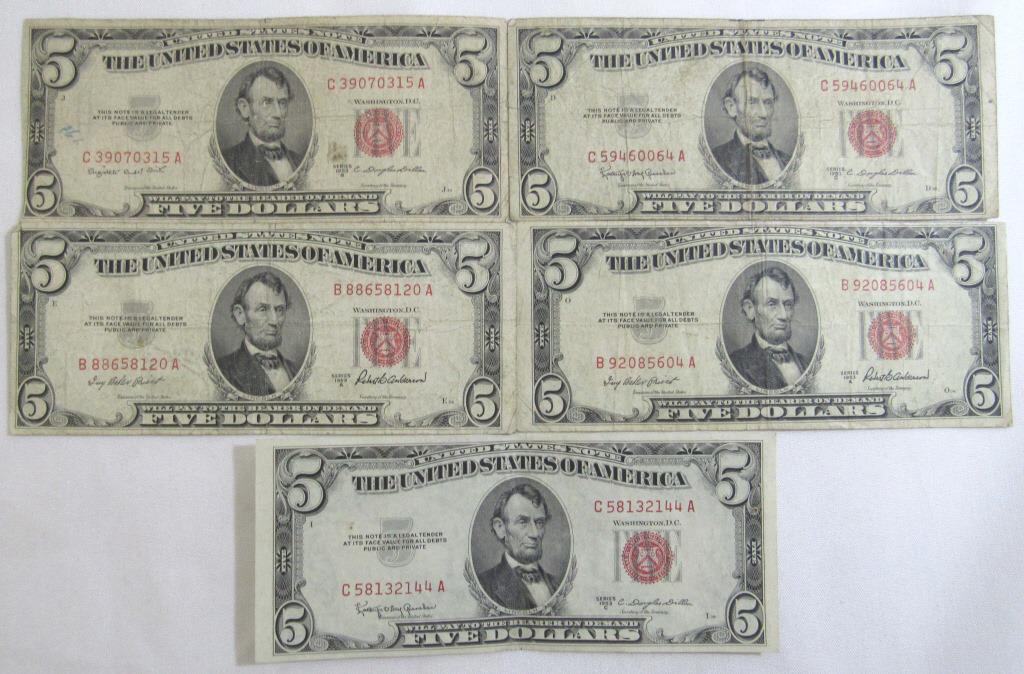 (5) 1953 $5 RED SEAL UNITED STATES NOTE (1 of 2)
