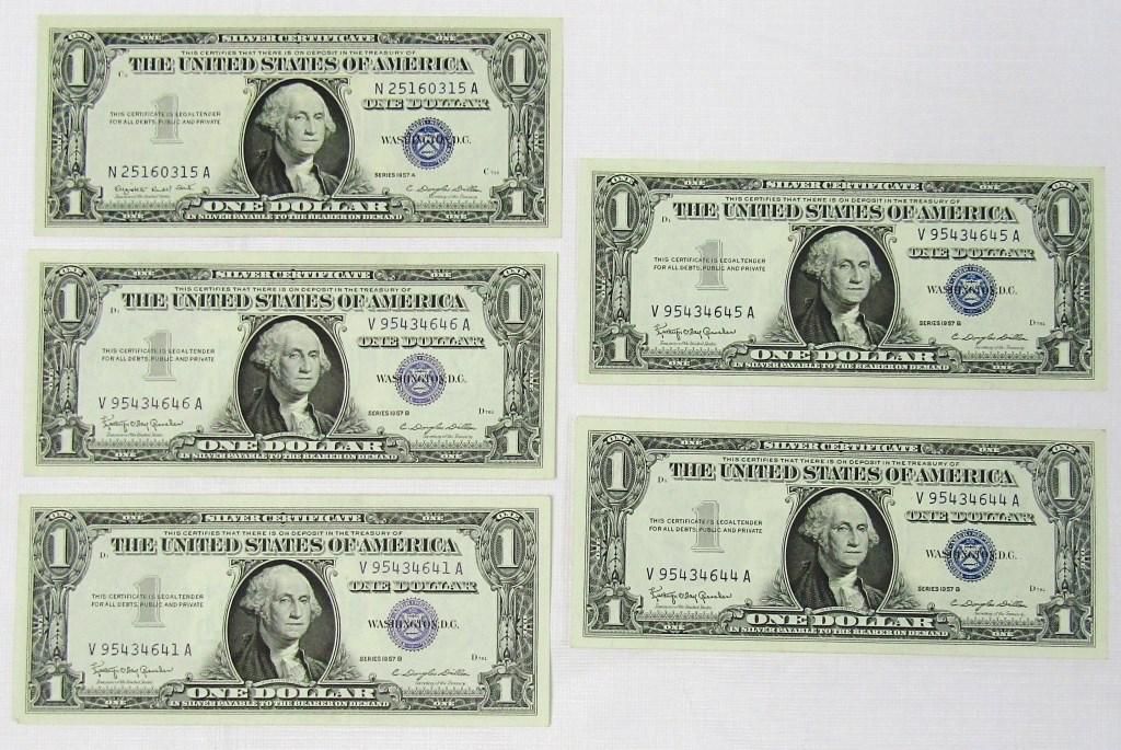 (5) 1957's $1 SILVER CERTIFICATES (1 of 2)