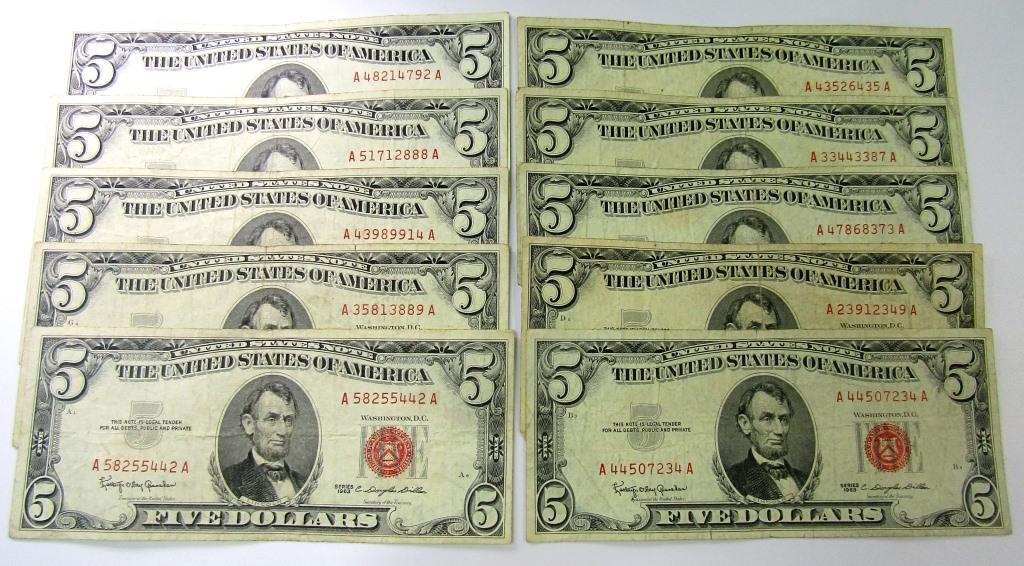 (10) 1963 $5 RED SEAL U.S. NOTES (1 of 2)
