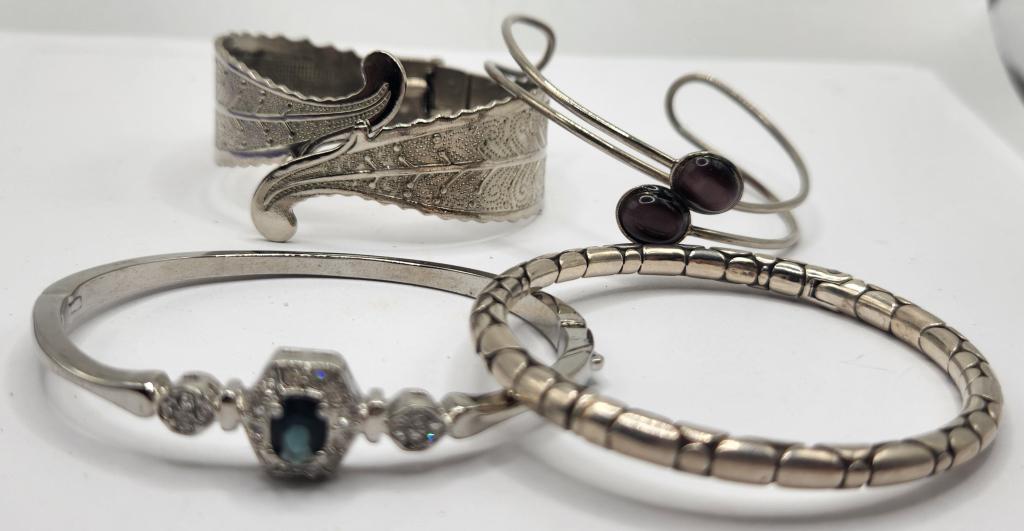 4-SILVER TONED BANGLE/CUFFS: RHINESTONES/LUCITE