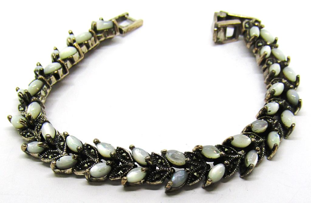 VINTAGET 925 DOUBLE STRANDED MARCASITE: BRACELET WITH WHITE STONE ACCENTS-TOTAL 15 DWT