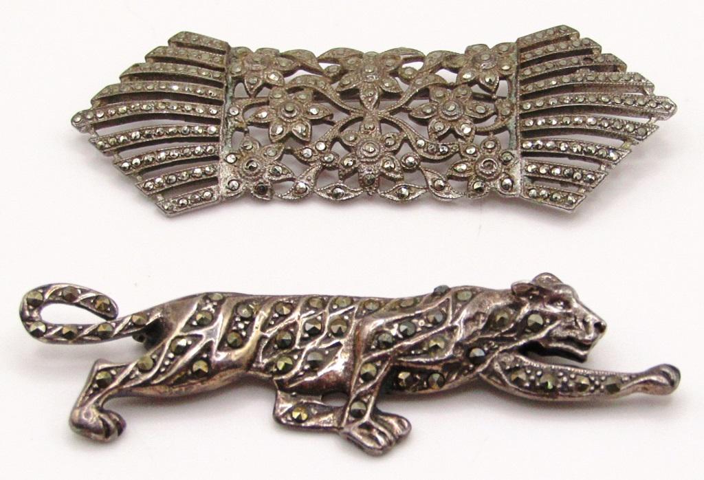 2-VINTAGE STERLING MARCASITE BROOCHES: (1)JAGUAR-TOTAL 13.5 DWT
