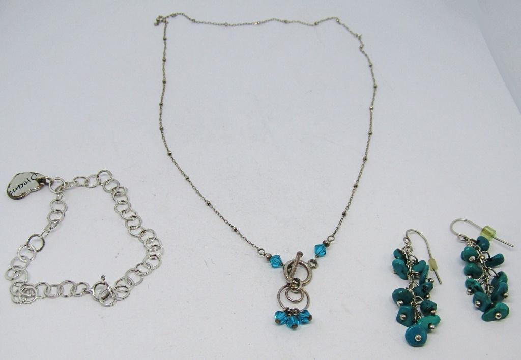 STERLING LOT - DANTY VTG NECKLACE: "DREAM" CHARM BRACELET, DANGLE TURQ EARRINGS ( 7 DWT)