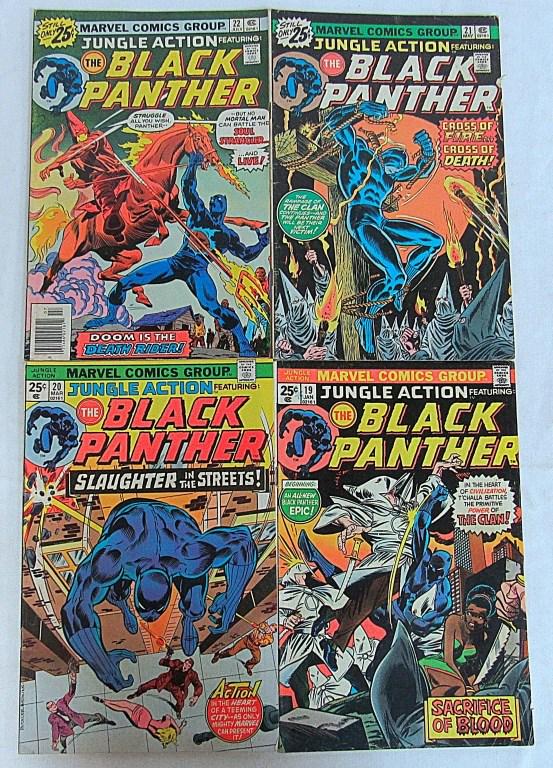 (4) MARVEL JUNGLE ACTION BLACK PANTHER COMICS!: #19 - SACRIFICE OF BLOOD, #20 - SLAUGHTER IN THE STREETS, #21 - CROSS OF FIRE..CROSS OF DEATH, #22 - DOOM IS THE DEATH RIDER. KU KLUX KLAN BLACK PANTHER COMICS!