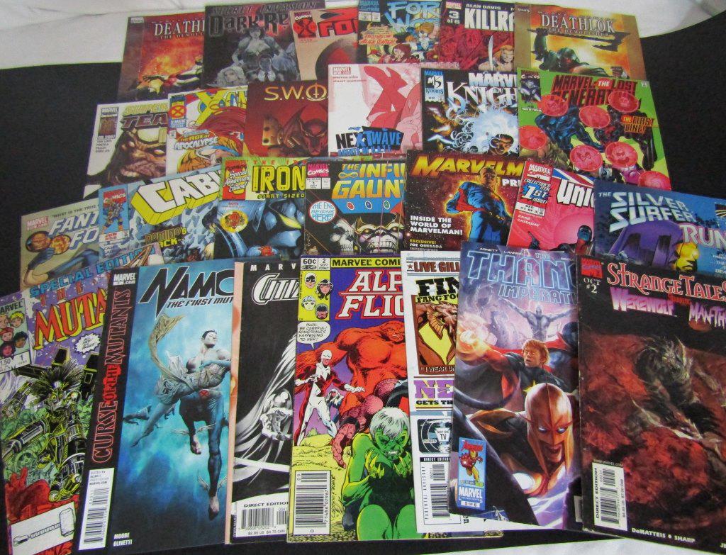 (26) Wide Variety Mixed Marvel Lot: Large miscellaneous lot of Marvel comics including collectors item #1 issue of Union Jack, a special 60th anniversary edition of The Invincible Iron Man: Giant-Sized Spectacular, and a 1991 #1 issue o