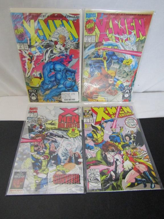 (4) Marvel X-Men 1991 - 1993 ALL First Issues!: X-Men Adventures #1 1st Issue Collector's Classic!, Xmen Unlimited #1 1st Issue Collector's Item!, (2) X-Men #1 1st Issue! A Legend Reborn! Storm and Beast Cover & Wolverine, Cyclops, Silver Surfer! M