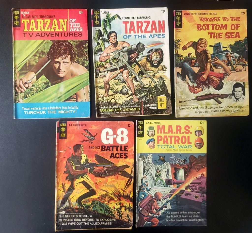 (5) GOLD KEY 12c ISSUE COMICS; MARS PATROL #6: 1966 #1 G-8 AND HIS BATTLE ACES (missing back cover), 1966 #6 VOAYGE TO THE BOTTOM OF THE SEA, 1967 #163 & #177 TARZAN