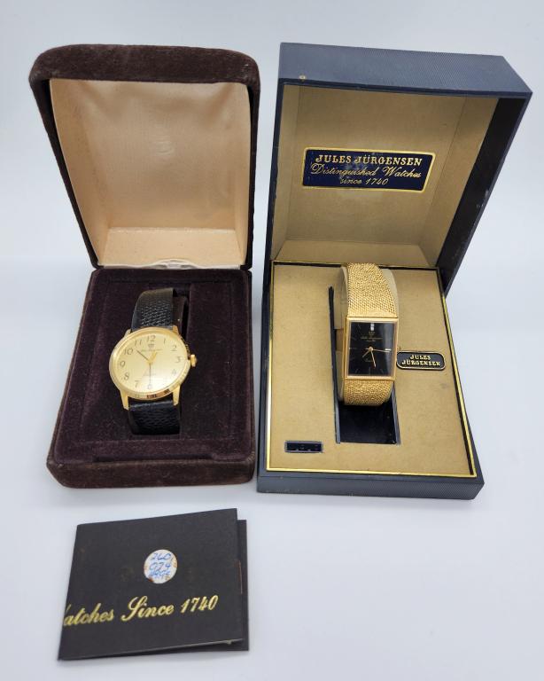 2-NIB! JULES JURGENSEN WRISTWATCHES: (1)WITH GOLD TONE BAND (1)WITH LEATHER BAND-UNTESTED