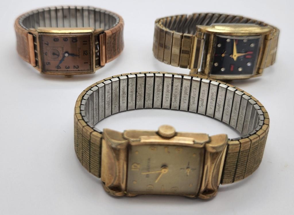 3-VINTAGE MEN'S GOLD TONED WRISTWATCHS:: (1)BULOVA 10K GOLD PLATED #6859399 (1)LENGA DELUX#8054 (1)BENRUS #271797-ALL WATCHES UNTESTED/PARTS/REPAIR