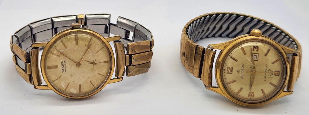 2-VTG GOLD TONED MEN'S WRISTWATCHES:: (1)HELBROSE CALENDAR SELF WINDING (1)GRUEN PRECISION-BOTH WATCHES UNTESTED/PARTS/REPAIR