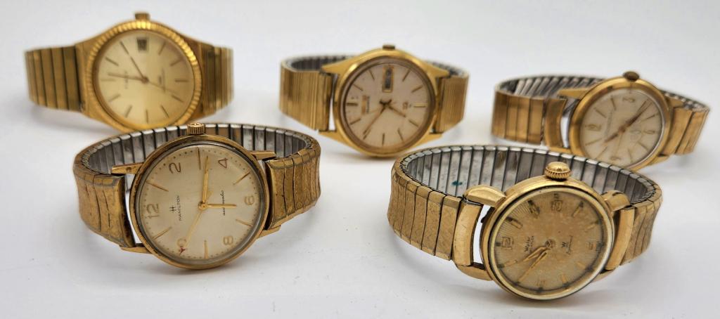 5-VINTAGE MEN'S WRISTWATCHES: WYLER: INCAFLEX DYNAWIND #31953 RUNNING-JH INDUSTRIAL RUNNING-SEIKO DAY DATE-HAMILTON 10K RGP-TIMEX WR CALENDAR-ALL WATCHES UNTESTED