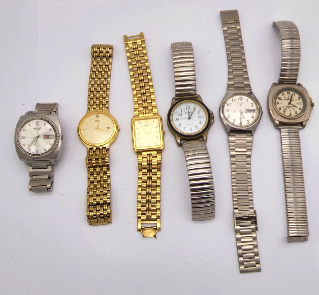6-VINTAGE MEN'S WRISTWATCHES: SEIKO QUARTZ-: LORUS TRAILMATER CALENDAR-SEIKO 17 JEWELS AUTOMATIC DAY DATE RUNNING-SEIKO QUARTZ CALENDAR #980119-AUQUA QUARTZ CALENDAR-PULSAR QUARTZ DAY DATE-ALL WATCHES UNTESTED