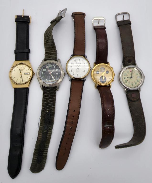 5-VINITAGE MEN'S WRISTWATCHES WITH LEATHER: BANDS-AMERICA PERRY ELLIS CHRONOGRAPH-TIMEX INDIGLO 30M WR DAY DATE-SWISS ARMY CALENDAR-MILAN 100FT WR CALENDAR-SEIKO QUARTZ DAY DATE-ALL WATCHES UNTESTED