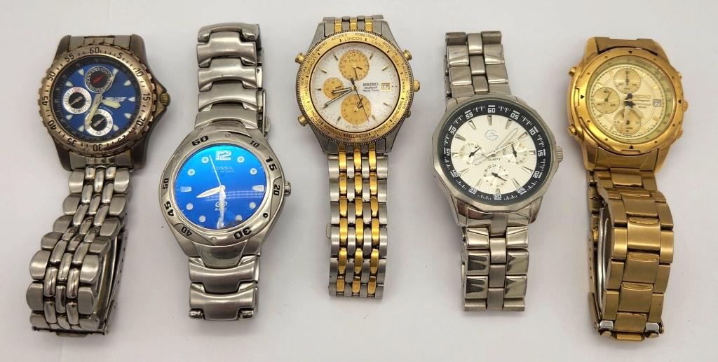 5-VINTAGE MEN'S FASHION WRISTWATCHES: SEIKO QUARTZ CHRONOGRAPH-FOSSIL 100M-ELGIN WR CHRONOGRAPH-SEIKO 50M CHRONOGRAPH & MORE! ALL WATCHES UNTESTED