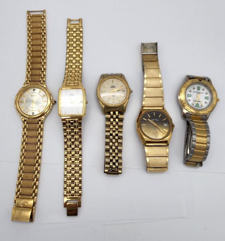5-VINTAGE MEN'S GOLD TONED WRISTWATCHES: SEIKO QUARTZ CALENDAR-EXPRESS GLOWATCH-ANDRE PAILET CALENDAR-ELGIN DIAMOND-TIMEX INDIGLO QUARTZ DAY DATE-ALL WATCHES UNTESTED