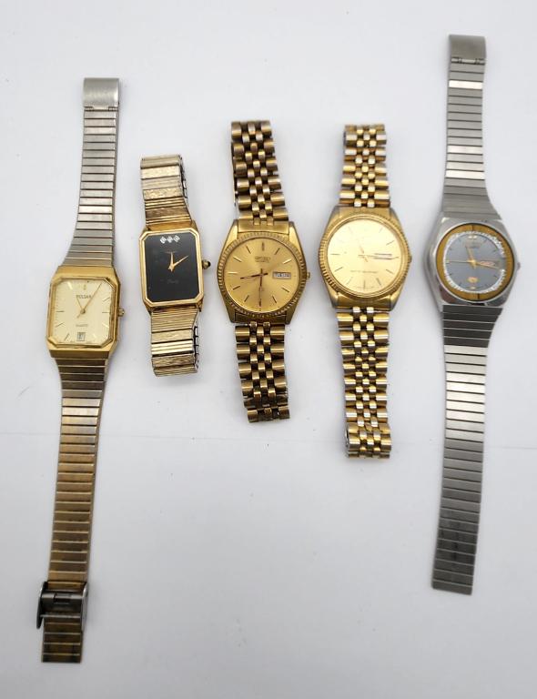 5-VINTAGE MEN'S WRISTWATCHES: CITIZEN: QUARTZ DAY DATE-PULSAR QUARTZ WR DAY DATE-SEIKO QUARTZ DAY DATE-PULSAR QUARTZ-LONGINESALL WATCHES UNTESTED