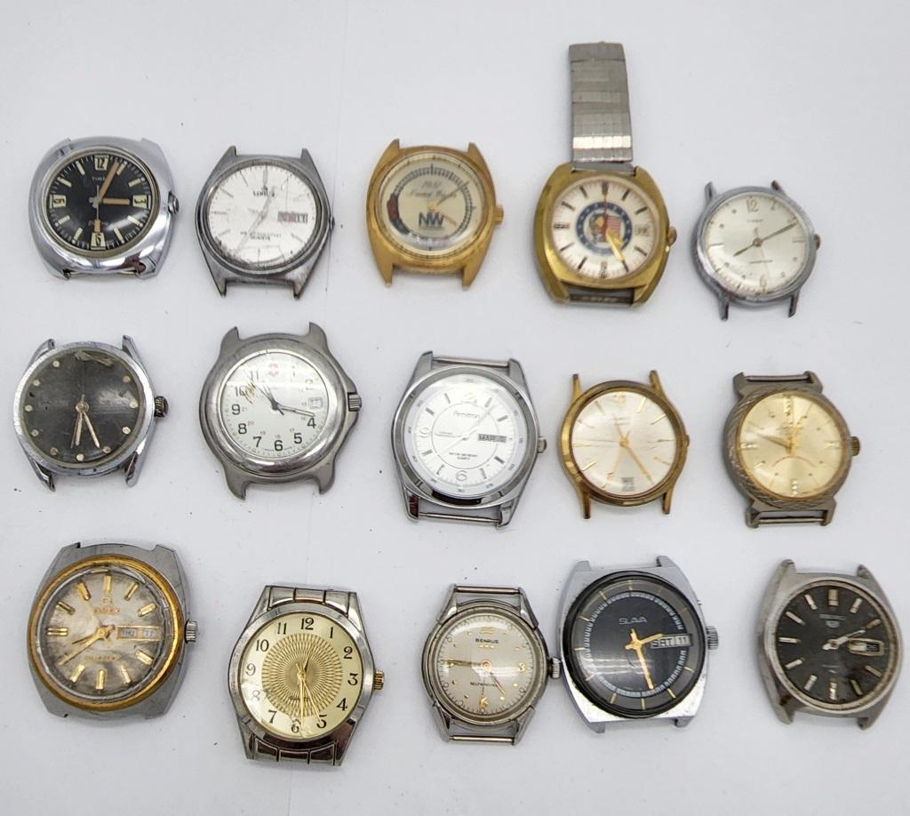 15-VINTAGE MEN'S WATCH FACE: TIMEX ELECTRIC-: SEIKO DAY DATE-SWISS ARMY-ARMITRON DAY DATE-TIMEX-SLAVA DAY DATE-LORUS-BENRUS & MORE! ALL WATCHES UNTESTED