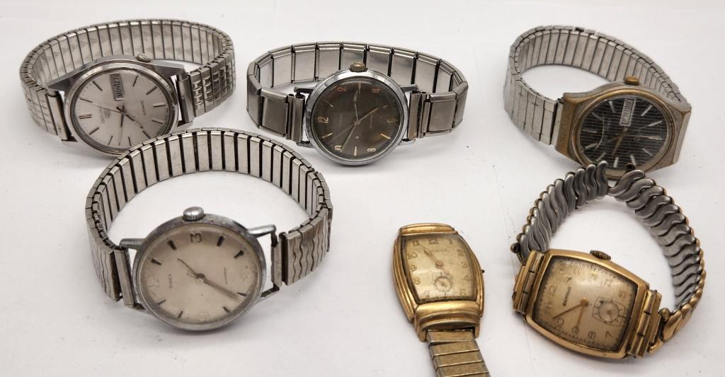 6-VINTAGE MEN'S WRISTWATCHES: BULOVA-BENRUS-: TIMEX-SEIKO AUTOMATIC DAY DATE (RUNNING) & MORE! ALL WATCHES UNTESTED