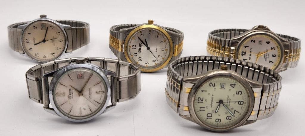 5-MEN'S VTG SILVER TONED WRISTWATCHES WITH: STRETCHY BANDS: TIMEX CALENDAR-NELSON AUTOMATIC CALENDAR-GITANO-MILAN 100 FT WR CALENDAR-AFFINITY WR CALENDAR-ALL WATCHES UNTESTED