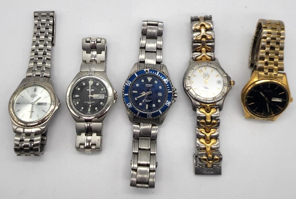 5-CHUNKY MEN'S FASHION WRISTWATCHES:: SEIKO DAY DATE-WRANGLER DAY DATE-CITIZEN DAY DATE-CASIO CALENDAR & MORE! ALL WATCHES UNTESTED