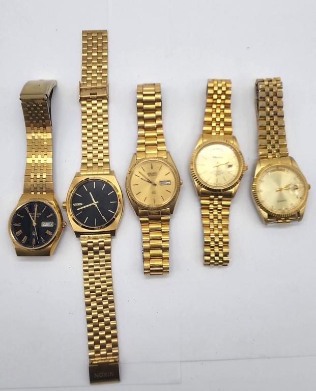 5-GOLD TONED MEN'S FASHION WRISTWATCHES:: CITIZEN DAY DATE-NIXON-SEIKO DAY DATE-GRUEN DAY DATE-QUARTZ-ALL WATCHES UNTESTED/PARTS/REPAIR