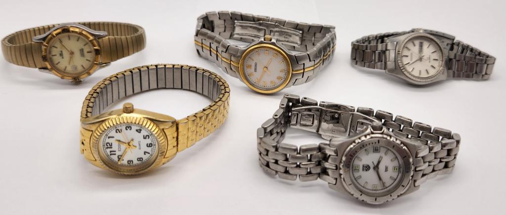 6-UNISEX SILVER TONED WRISTWATCHES: SEIKO-: EDISON-SEIKO DAY DATE-SEIKO CALENDAR-PETER & CO-ALL WATCHES UNTESTED