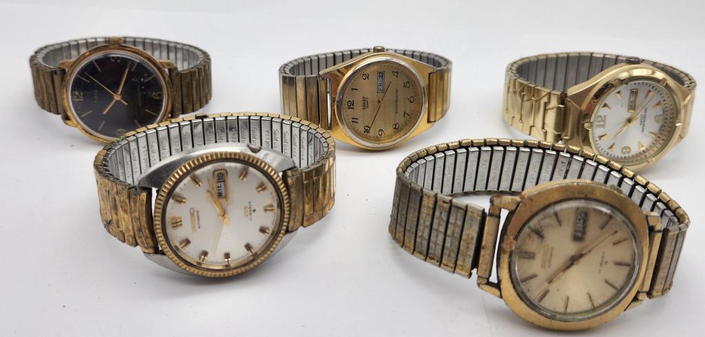 5-VINTAGE MEN'S GOLD TONED WRISTWATCHES: SEIKO DAY DATE-SHARP DAY DATE-TIMEX-& MORE! ALL WATCHES UNTESTED
