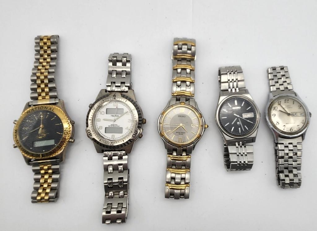 5-SILVERTONED MEN'S WRISTWATCHES: SEIKO: DAY DATE-NAUTICA DIGITAL-SEIKO CALENDAR-TIMEX AUTOMATIC DAY DATE & MORE! ALL WATCHES UNTESTED