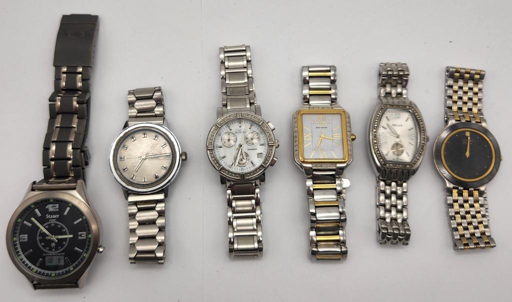 6-MEN'S/WOMOAN'S FASHION WRISTWATCHES: TIMEX DAY DATE-CITIZEN ECHO DRIVE-CITIZEN-DECADE-INIVICTA CHRONOGRAPH-STAUER DIGITAL-ALL WATCHES UNTESTED