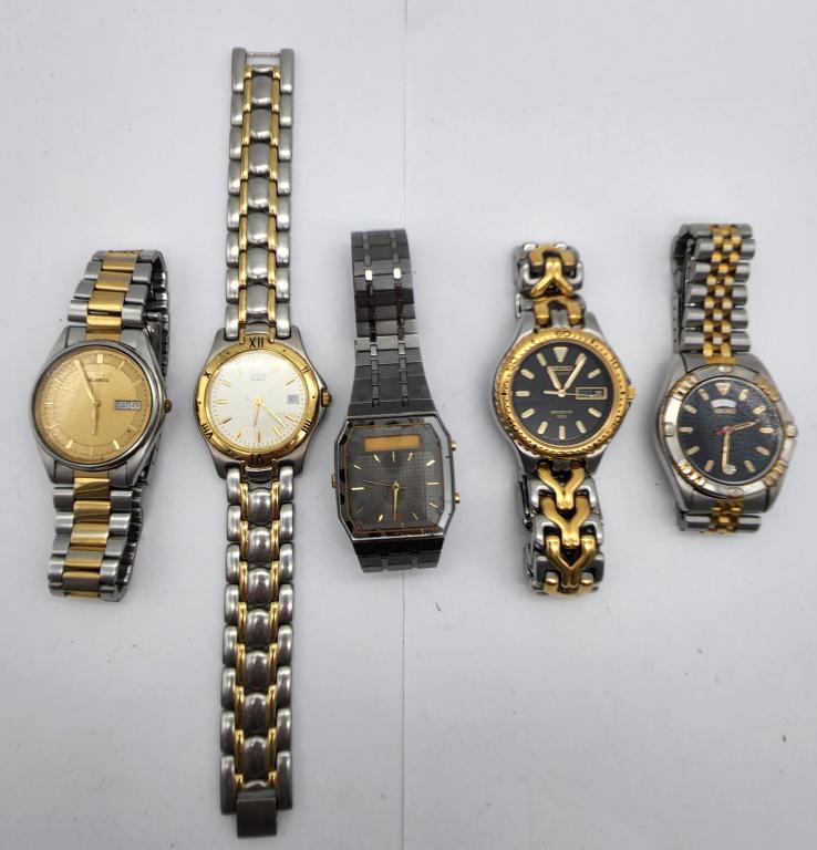 5-MEN'S FASHION WRISTWATCHES: CITIZEN CALENDAR: SEIKO DAY DATE-SEIKO DIGITAL-SEIKO DAY DATE-SEIKO SPORTS DAY DATE-ALL WATCHES UNTESTED