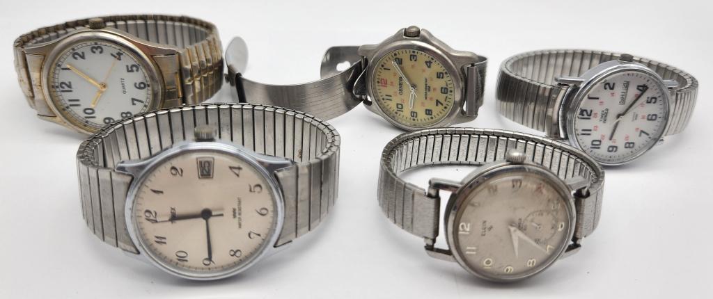5-VINTAGE MEN'S SILVER TONED WRISTWATCHES: TIMEX INDIGLO DAY DARE-GENEVA-TIMEX WR-ELGIN 17 JEWELS & MORE! ALL WATCHES UNTESTED