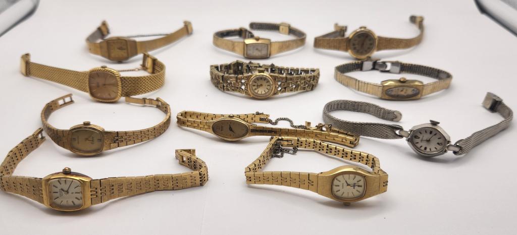 11-VTG LADIES WRISTWATCHES: SEIKO-EGLIN-PULSAR: CITIZEN-HELBROS 17 JEWELS-WITTNAUER-CARAVELLE-WALTHAM-ALL WATCHES UNTESTED