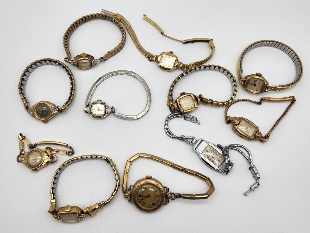 11-VINTAGE WOMAN'S WRISTWATCHES: LONGINES: WINTON-BULOVA-LADY ELGIN-GOTHAM-PAULBREQUETTE-ALL WATCHES UNTESTED