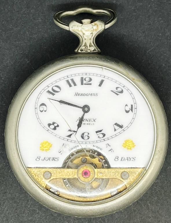 Hebdomas 8 Jours/8 Days Pocket Watch: VISIBLE ESCAPEMENT POCKET WATCH - MISSING CROWN, CRACKED CRYSTAL NOT RUNNING - PARTS / REPAIR - SWISS MADE