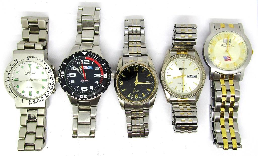 (5) MENS WATCHES - NASCAR, BRUT,: FONDINI, FIELD & STREAM, JAPAN MOVT - UNTESTED LOT