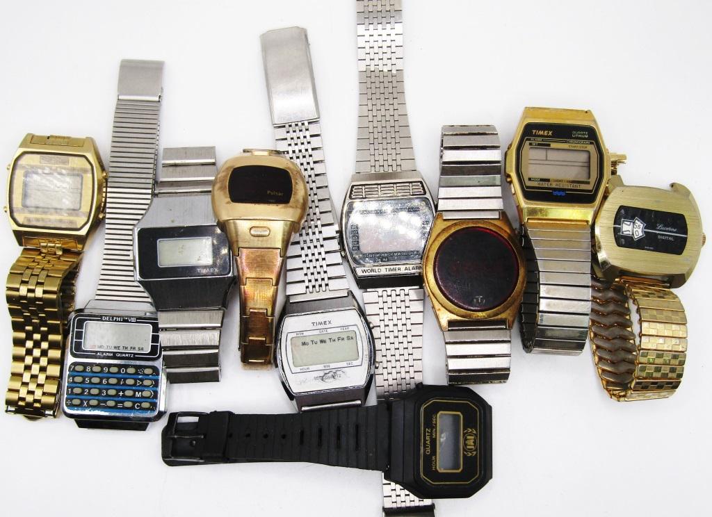 10 Vintage Digital Mens Wrist Watches (TimeX): UNTESTED. TimeX, Timeband, Caravelle, Pulsar,Delphi, Lucerne,Seiko. Some bands may need repaired.