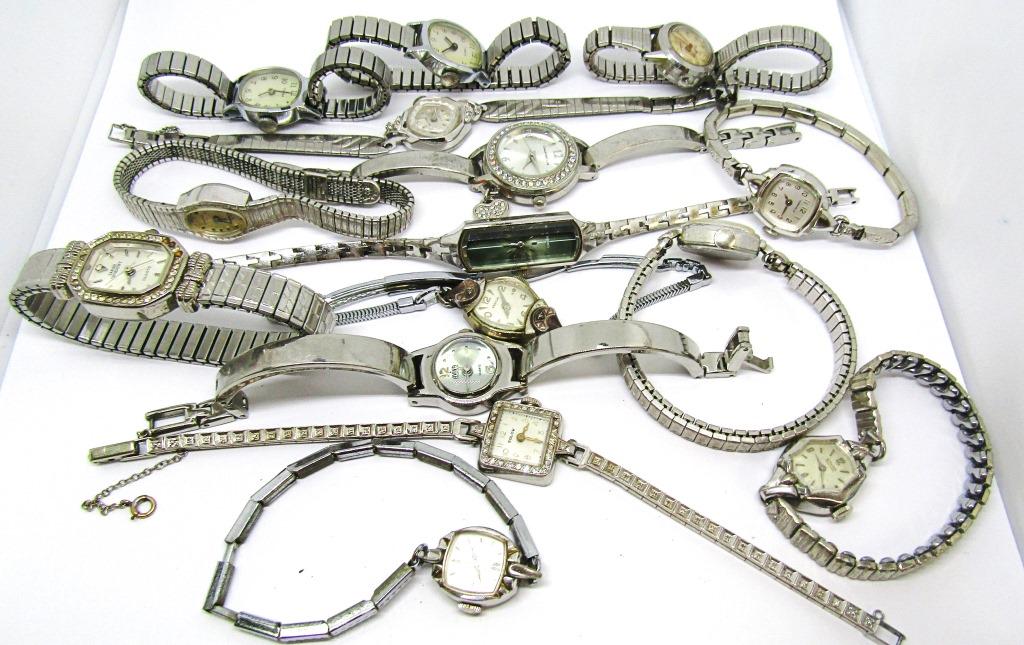 15 Silver Tone Ladies Watches (Elgin, Gruen): UNTESTED. Vantage, Elgin, Tradition, Solow, Sarah Coventry, TimeX, Charter Club, Aviva, Seiko, Waltham, Gruen, Benrus, Bulova, Caravelle