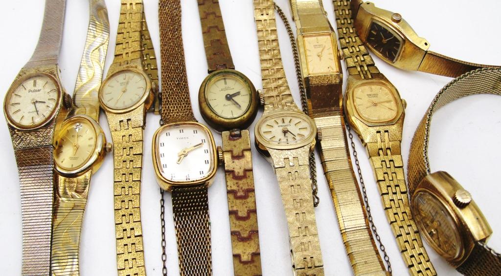 10 Gold Tone Vintage Ladies Wristwatches: UNTESTED. Jules Jiirgonson,Seiko,Pulsar,Elgin, TimeX,ACCUTRON. Gold Toned.
