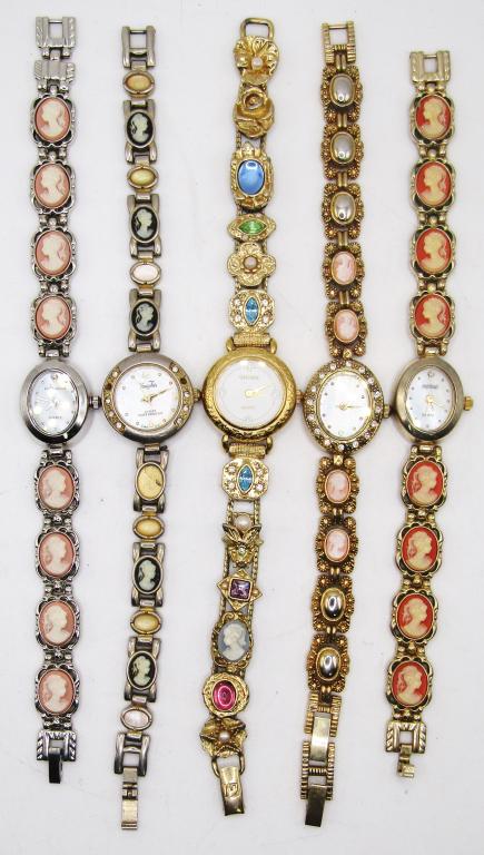 5 Cameo with Bling Ladies Wristwatches: Untested. Vanity Fair, Harve Benard, Gruen,Joseph Bernard. 3 gold tone, 2 silver tone. Has Cameo lady on bands.