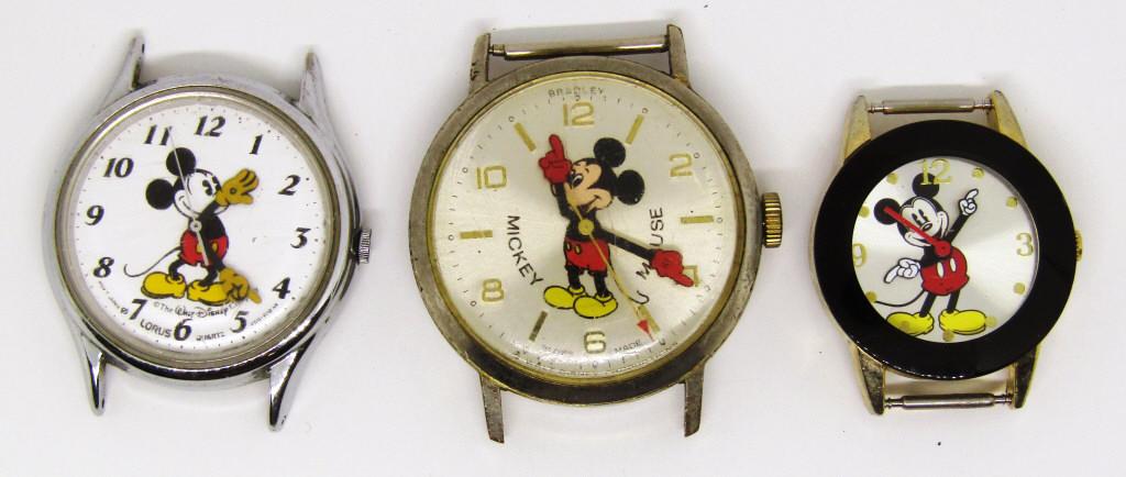 (3) MICKEY MOUSE WATCHES - BRADLEY RUNS: LORUS NOT RUNNING - SMALL QUARTZ needs BATTERY