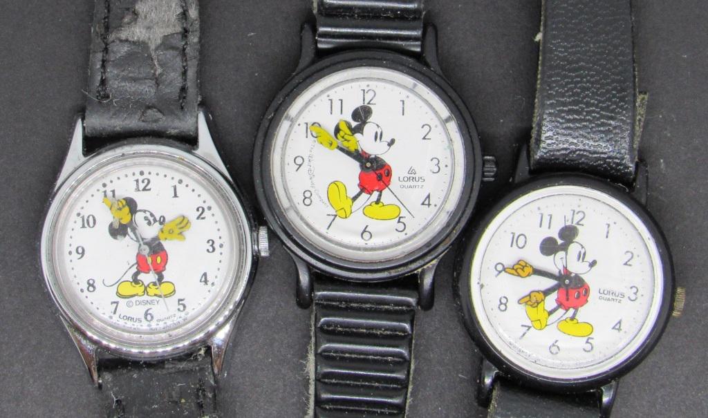 (3) MICKEY MOUSE LORUS WATCHES: UNTESTED MOVING ARMS WITH YELLOW GLOVES