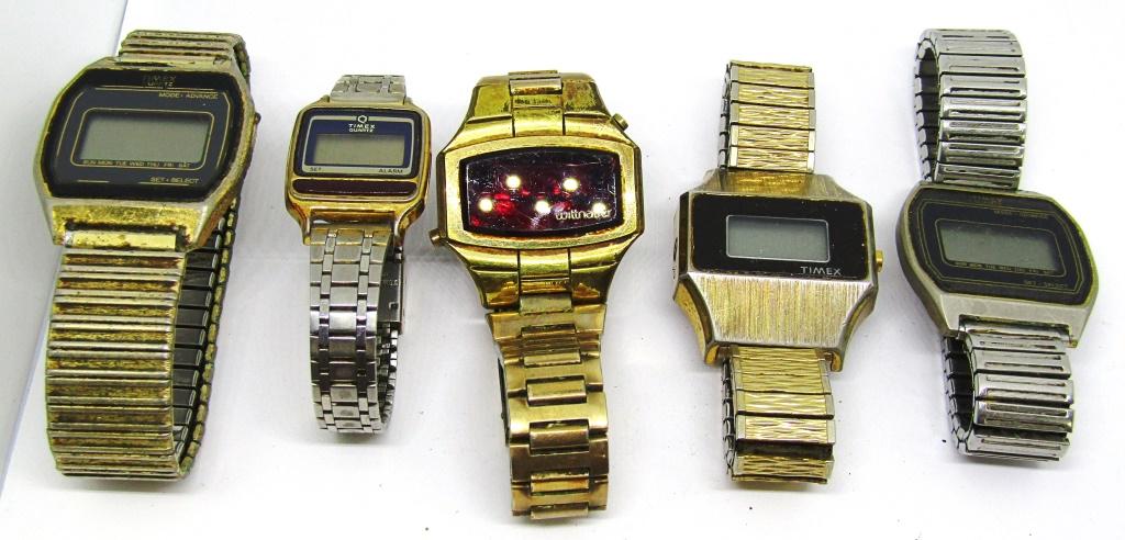 LCD DIGITAL WATCH LOT - WITTNAUER & TIMEX: (4) TIMEX (1) WITTNAUER - ALL NEED BATTIERIES / UNTESTED