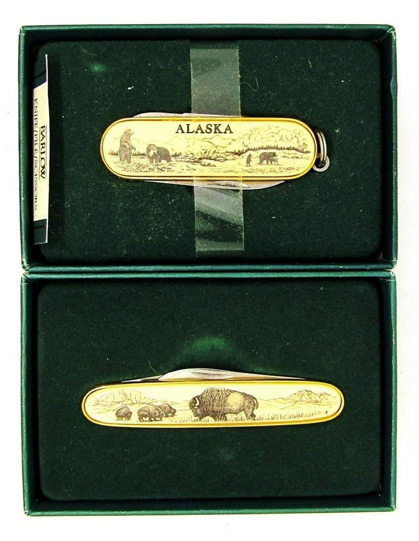 (2) NIB Barlow Pocketknives!: Alaska Design Barlow Pocket Knife/File/Scissors; Barlow Scrimshaw Buffalo Bison Penknife 2 Blade PocketKnife.