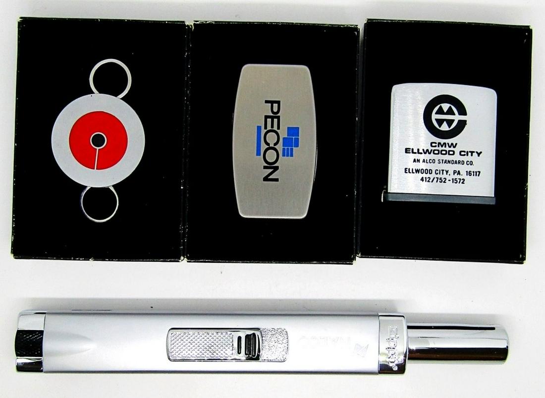 (4) ZIPPO ACCESSORIES AND ZIPPO MPL MINI !: PECON MONEY CLIP KNIFE , CMW ELLWOOD CITY RULE , KEY HOLDER, AND MINI MPL ALL WITH BOXES!