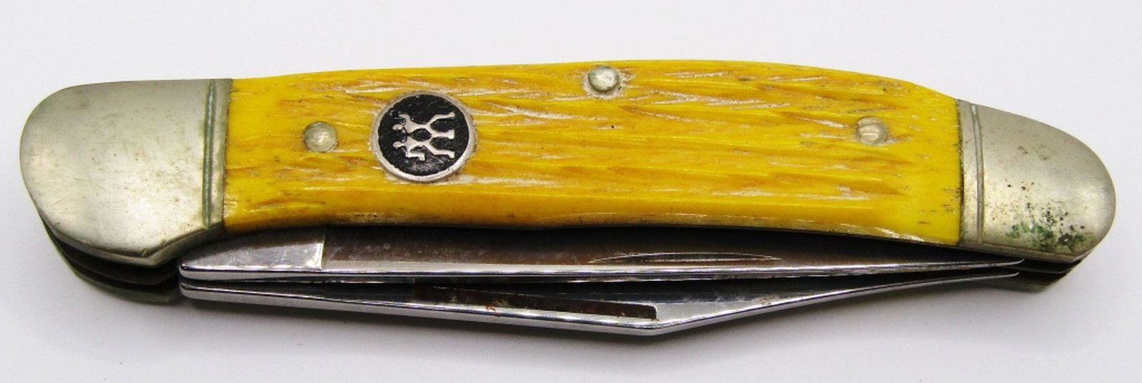 J.A. Henckel's 2 Blade Knife, Yellow Bone Handle: Germany Marked Pocket Knife; No Wobble, Stiff Snap.