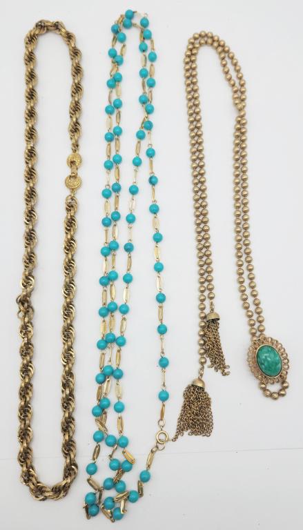 3-VTG GOLD TONED NECKLACES: (1)AVON BOLO: (1)MONET BRAIDED (1)WITH TURQUOISE BEADS