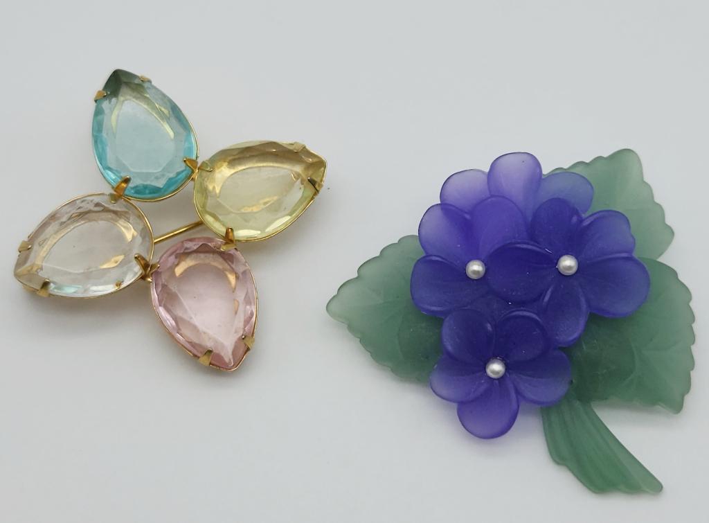 2-VINTAGE BROOCHES: (1)AVON WITH PASTEL: RHINESTONES (1)LUCITE FLOWER