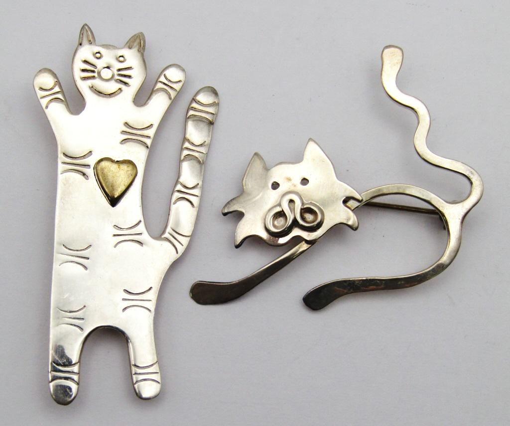 (2) STERLING CAT PINS (1) Stamped MWS MEXICO (1 of 3)